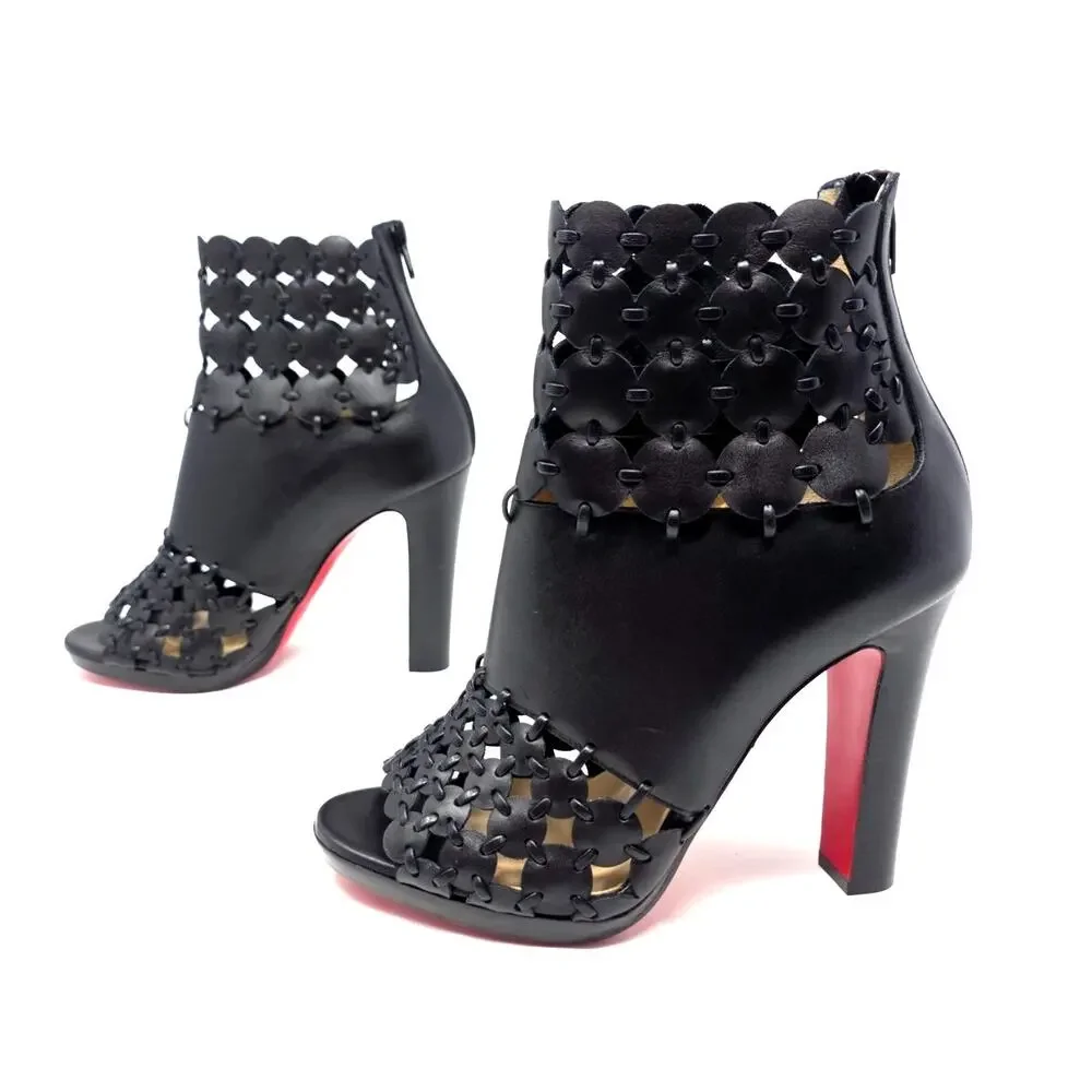 Christian Louboutin Amazona Black Leather Boots Peep Toe Bootie Heel 36.5 US 6.5